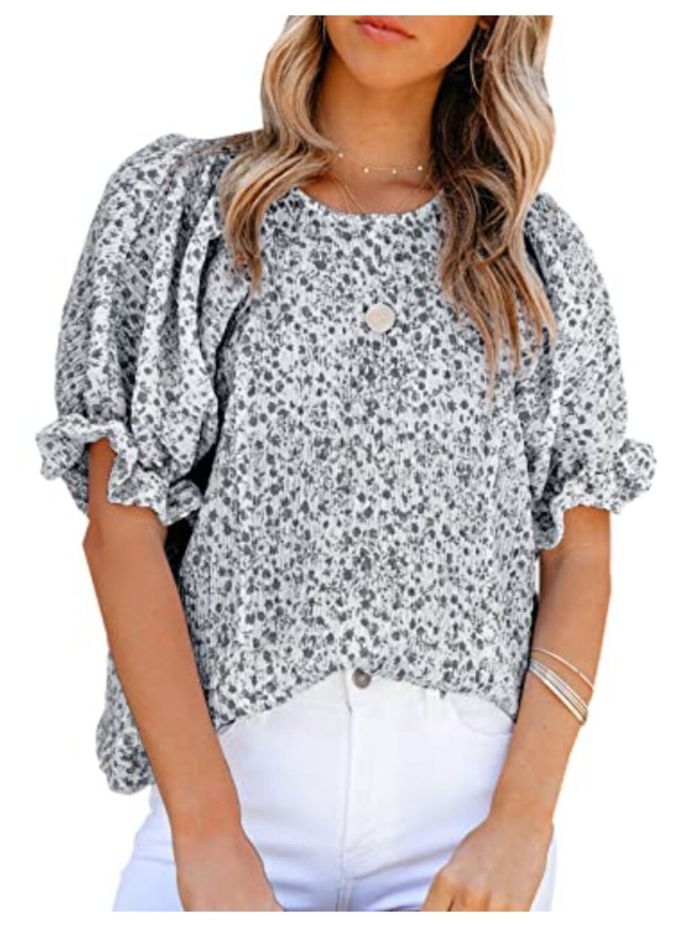 Womens Boho Floral Blouse Puff Sleeve Babydoll Top Crew Neck Summer